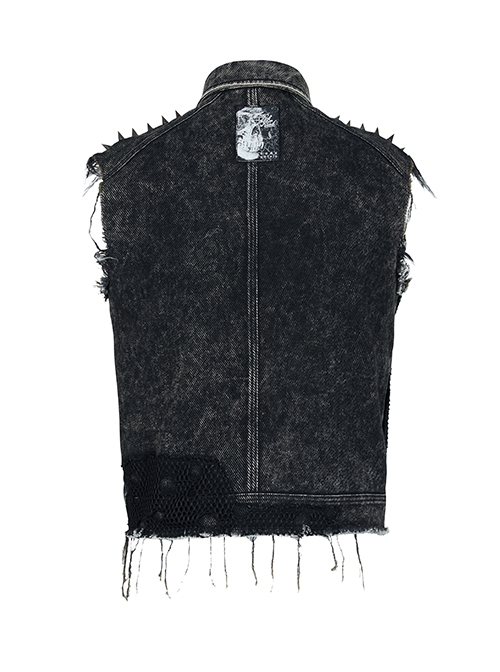 Punk Style Handsome Metal Spiked Rivets Ripped Mesh Splicing Old Effect Retro Decadent Black Denim Vest