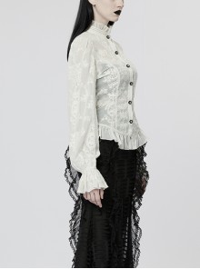 Gothic Style Elegant Ruffled Stand Collar Chiffon Embroidery Fabric Crystal Button White Trumpet Sleeves Slim Blouse