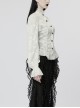 Gothic Style Elegant Ruffled Stand Collar Chiffon Embroidery Fabric Crystal Button White Trumpet Sleeves Slim Blouse