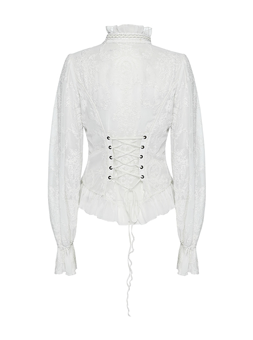 Gothic Style Elegant Ruffled Stand Collar Chiffon Embroidery Fabric Crystal Button White Trumpet Sleeves Slim Blouse