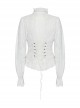 Gothic Style Elegant Ruffled Stand Collar Chiffon Embroidery Fabric Crystal Button White Trumpet Sleeves Slim Blouse