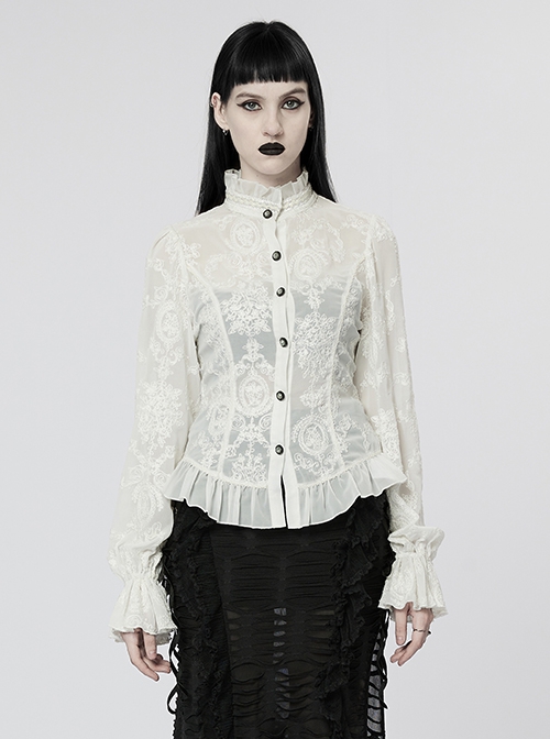 Gothic Style Elegant Ruffled Stand Collar Chiffon Embroidery Fabric Crystal Button White Trumpet Sleeves Slim Blouse