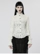 Gothic Style Elegant Ruffled Stand Collar Chiffon Embroidery Fabric Crystal Button White Trumpet Sleeves Slim Blouse