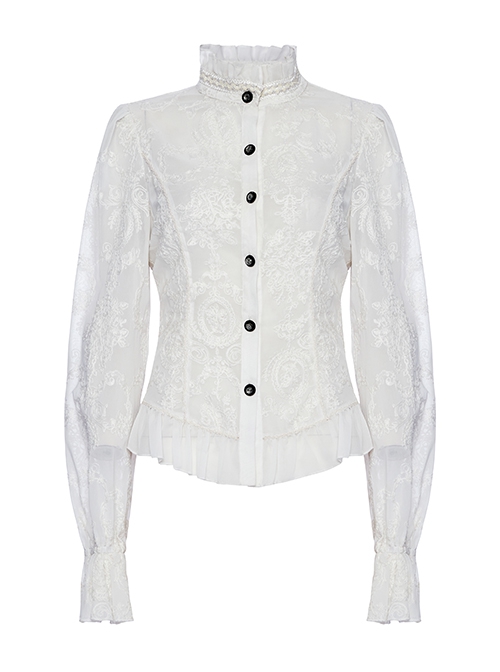 Gothic Style Elegant Ruffled Stand Collar Chiffon Embroidery Fabric Crystal Button White Trumpet Sleeves Slim Blouse