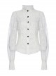 Gothic Style Elegant Ruffled Stand Collar Chiffon Embroidery Fabric Crystal Button White Trumpet Sleeves Slim Blouse