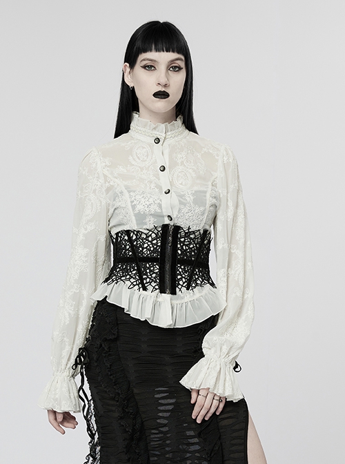 Gothic Style Elegant Ruffled Stand Collar Chiffon Embroidery Fabric Crystal Button White Trumpet Sleeves Slim Blouse