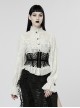 Gothic Style Elegant Ruffled Stand Collar Chiffon Embroidery Fabric Crystal Button White Trumpet Sleeves Slim Blouse