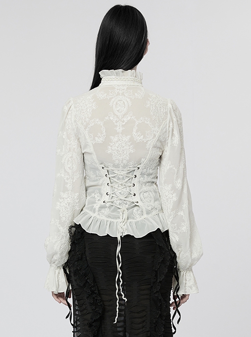 Gothic Style Elegant Ruffled Stand Collar Chiffon Embroidery Fabric Crystal Button White Trumpet Sleeves Slim Blouse