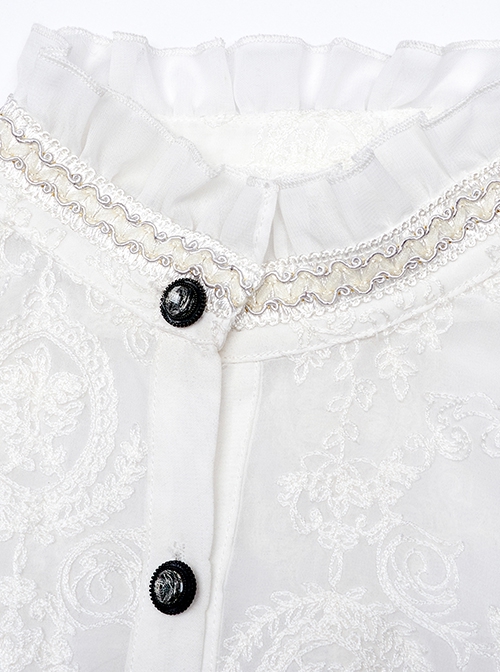 Gothic Style Elegant Ruffled Stand Collar Chiffon Embroidery Fabric Crystal Button White Trumpet Sleeves Slim Blouse