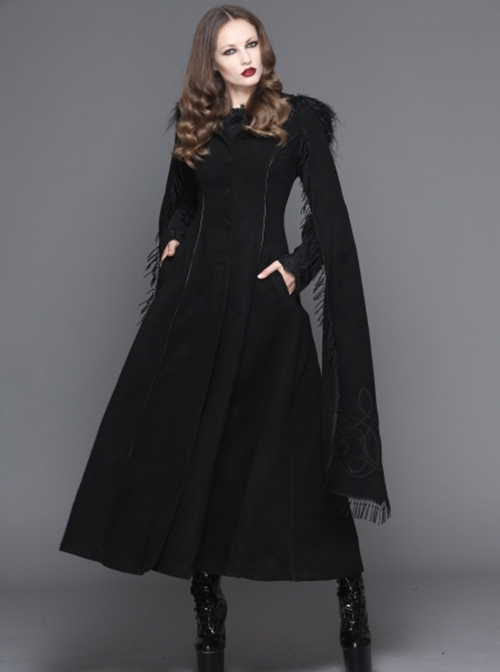 Gothic Style Elegant Hand Embroidered Cape Cuffs Slit Lace Detachable Fur Top Black Double Sided Hooded Coat