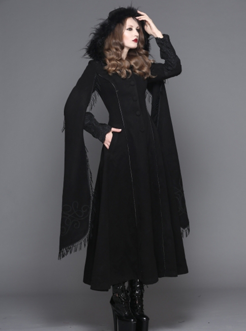 Gothic Style Elegant Hand Embroidered Cape Cuffs Slit Lace Detachable Fur Top Black Double Sided Hooded Coat