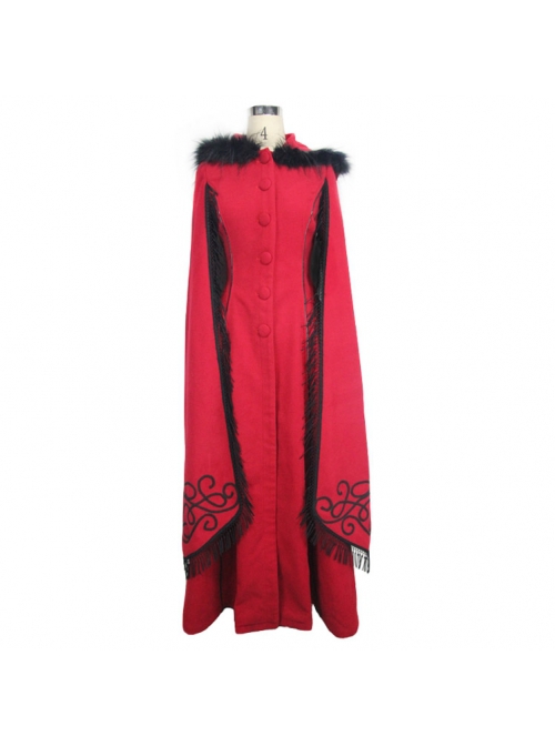 Gothic Style Elegant Hand Embroidered Cape Cuffs Slit Lace Detachable Fur Top Red Double Sided Hooded Coat