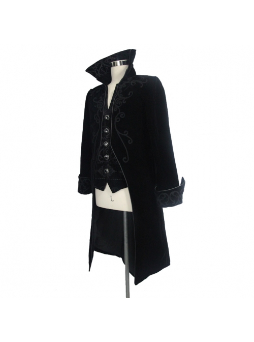 Gothic Style Warm Velvet Chest Exquisite Hand Embroidery With Glass Pattern Buttons Black Fake Two Piece Men's Jacket