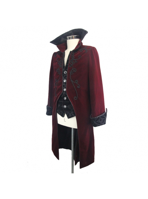 Gothic Style Warm Velvet Chest Exquisite Hand Embroidery With Glass Pattern Buttons Red And Black Fake Two Piece Men's Jacket