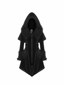 Gothic Style Gorgeous Velvet Plush Splicing Exquisite Gun Color Buckle Black Long Sleeves Hooded Slim Coat