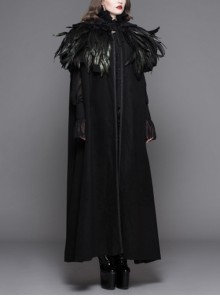 Gothic Style Handsome 3D Detachable Feather Ribbon With Warm Wool Black Hooded Cape