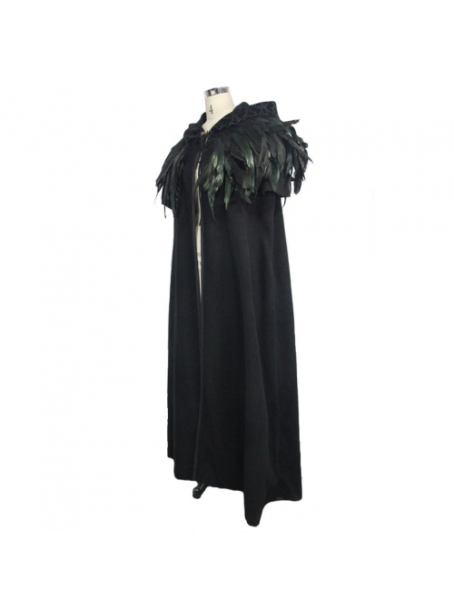 Gothic Style Handsome 3D Detachable Feather Ribbon With Warm Wool Black Hooded Cape