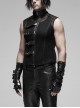 Punk Style Stand Collar Sexy See Through Mesh Splicing Metal Buckle Rivet Decoration Black Sleeveless Vest