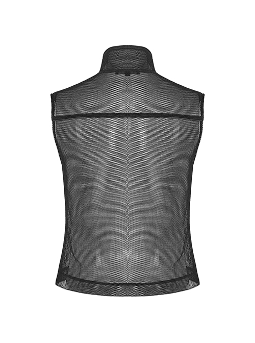 Punk Style Stand Collar Sexy See Through Mesh Splicing Metal Buckle Rivet Decoration Black Sleeveless Vest