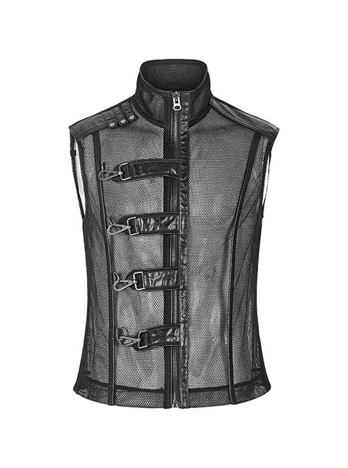 Punk Style Stand Collar Sexy See Through Mesh Splicing Metal Buckle Rivet Decoration Black Sleeveless Vest