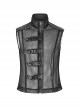 Punk Style Stand Collar Sexy See Through Mesh Splicing Metal Buckle Rivet Decoration Black Sleeveless Vest