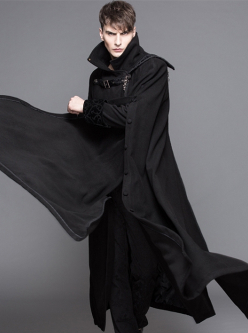 Punk Style High Cold Warm Double Faced Wool Material Detachable One Shoulder Collar Leaf Pin Black Men's Long Sleeved Coat