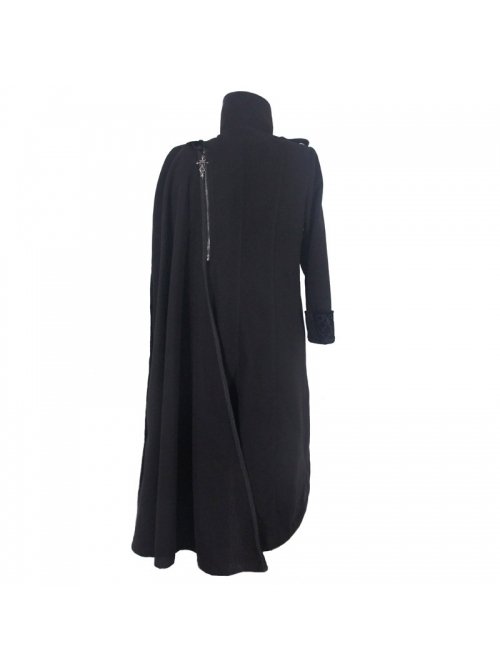 Punk Style High Cold Warm Double Faced Wool Material Detachable One Shoulder Collar Leaf Pin Black Men's Long Sleeved Coat