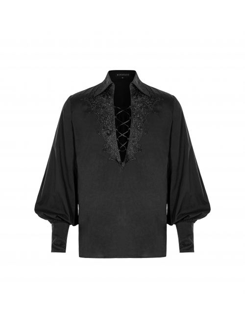 Gothic Style Sexy V Neck Embroidered Lace Velvet Cross Straps Retro Gem Buttons Black Lantern Sleeves Shirt