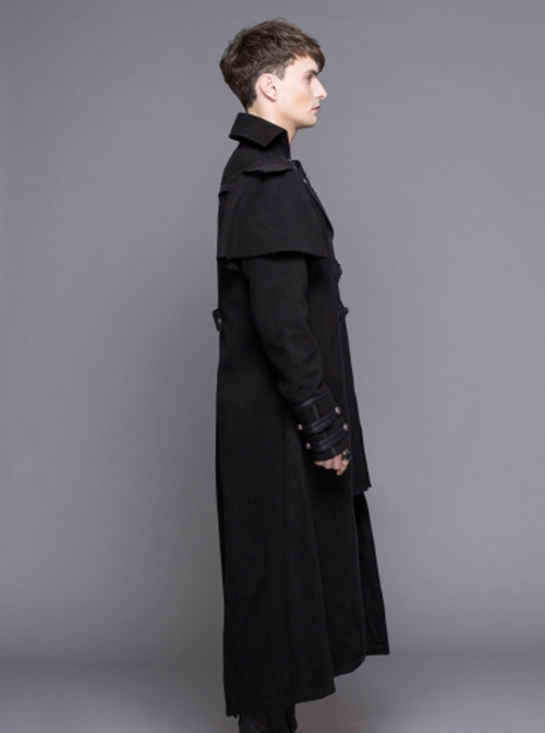 Gothic Style Personality Fake Two Piece Faux Leather Fabric Waist Ruffle Black Slit Double Faced Coat