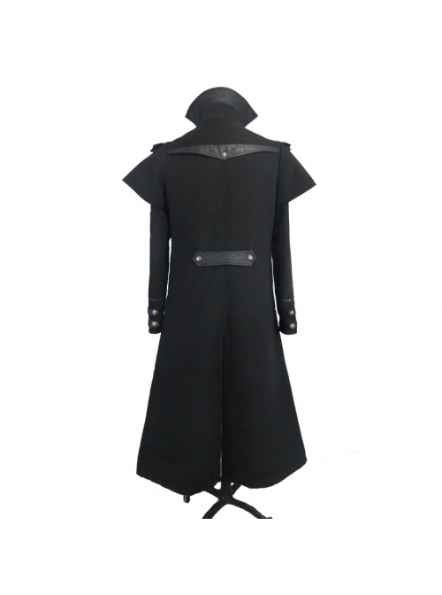 Gothic Style Personality Fake Two Piece Faux Leather Fabric Waist Ruffle Black Slit Double Faced Coat