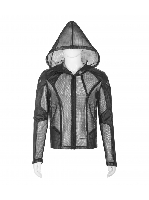 Punk Style Sexy Perspective Mesh Splicing Handsome Mechanical Segmentation Black Long Sleeves Hooded Jacket