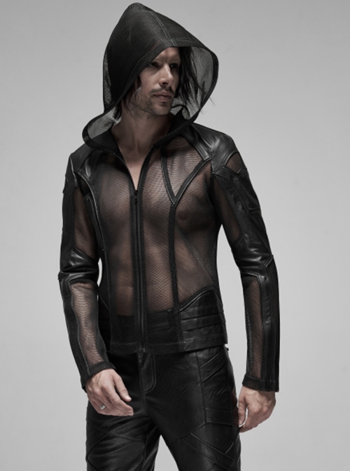 Punk Style Sexy Perspective Mesh Splicing Handsome Mechanical Segmentation Black Long Sleeves Hooded Jacket