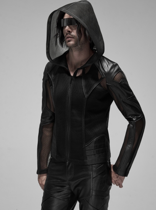 Punk Style Sexy Perspective Mesh Splicing Handsome Mechanical Segmentation Black Long Sleeves Hooded Jacket