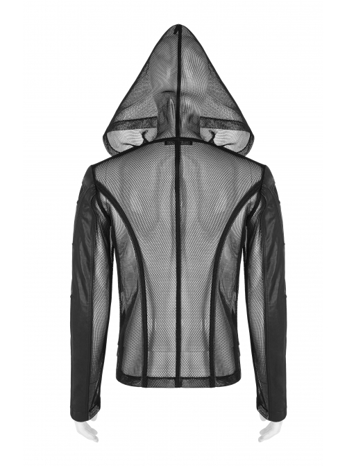 Punk Style Sexy Perspective Mesh Splicing Handsome Mechanical Segmentation Black Long Sleeves Hooded Jacket