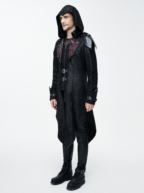 Punk Style Personality Fake Two Piece Glued Suede Stitching Twill Black Lapel Hooded Jacket