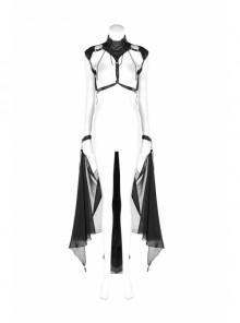 Punk Style Cracked PU Leather Cross Straps Lobster Buckle Detachable Black Bat Shaped See Through Chiffon Cloak