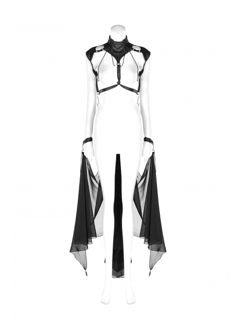 Punk Style Cracked PU Leather Cross Straps Lobster Buckle Detachable Black Bat Shaped See Through Chiffon Cloak