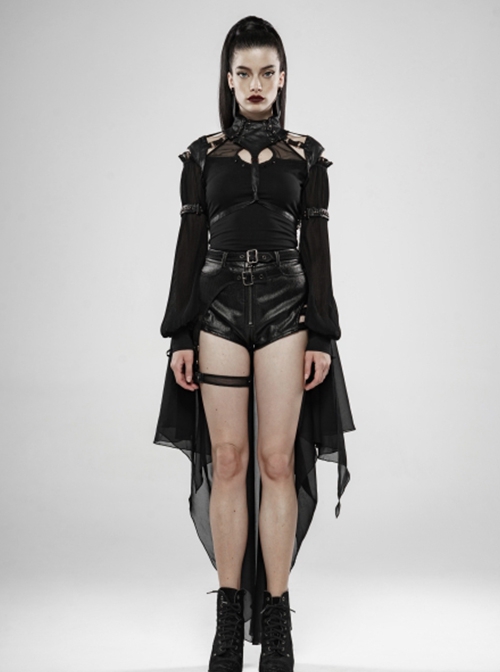 Punk Style Cracked PU Leather Cross Straps Lobster Buckle Detachable Black Bat Shaped See Through Chiffon Cloak