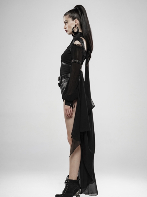 Punk Style Cracked PU Leather Cross Straps Lobster Buckle Detachable Black Bat Shaped See Through Chiffon Cloak