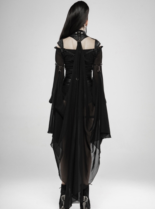 Punk Style Cracked PU Leather Cross Straps Lobster Buckle Detachable Black Bat Shaped See Through Chiffon Cloak