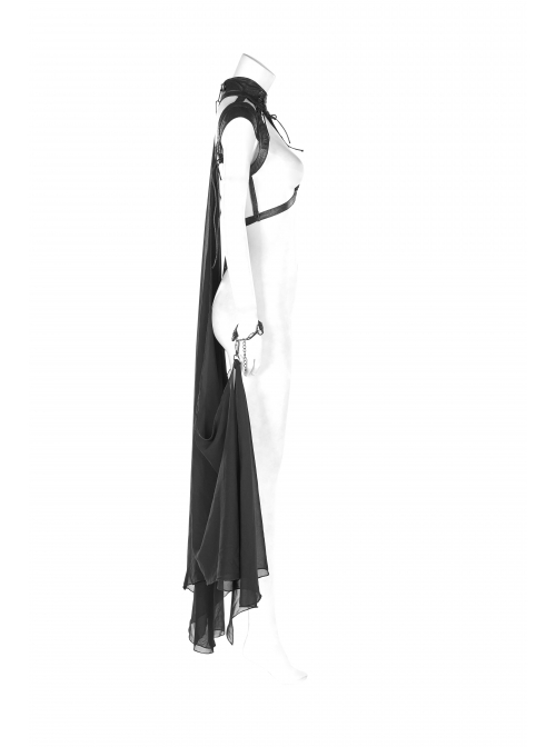 Punk Style Cracked PU Leather Cross Straps Lobster Buckle Detachable Black Bat Shaped See Through Chiffon Cloak