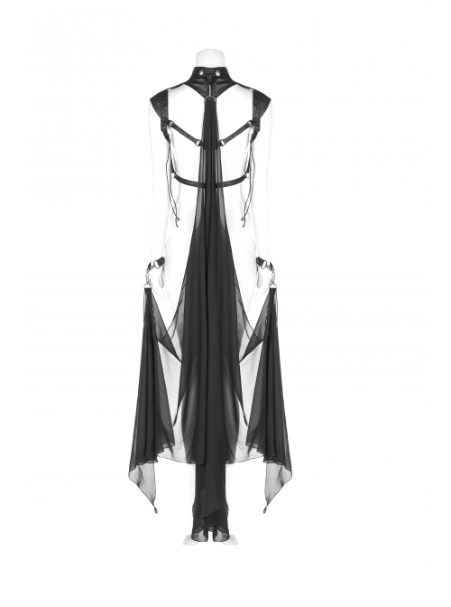 Punk Style Cracked PU Leather Cross Straps Lobster Buckle Detachable Black Bat Shaped See Through Chiffon Cloak