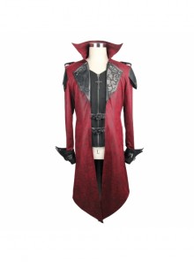 Punk Style Personality Fake Two Piece Glued Suede Stitching Twill Red Lapel Hooded Jacket