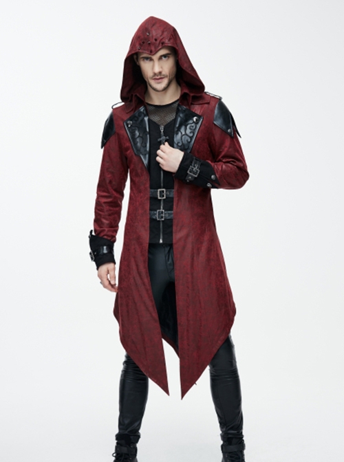 Punk Style Personality Fake Two Piece Glued Suede Stitching Twill Red Lapel Hooded Jacket