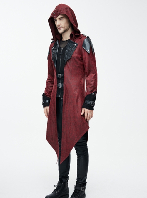 Punk Style Personality Fake Two Piece Glued Suede Stitching Twill Red Lapel Hooded Jacket