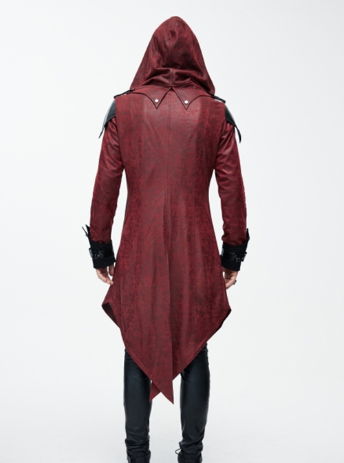 Punk Style Personality Fake Two Piece Glued Suede Stitching Twill Red Lapel Hooded Jacket