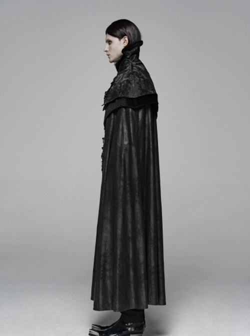 Gothic Style Stand Collar Gorgeous Jacquard Stitching Imitation Horse Wool Fabric Retro Metal Buckle Black Long Cloak