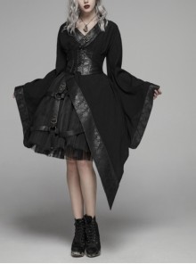 Punk Style V Neck Wave Print Lace Splicing Waist Seal Metal Adjustment Buckle Retro Black Furisode Kimono Dress