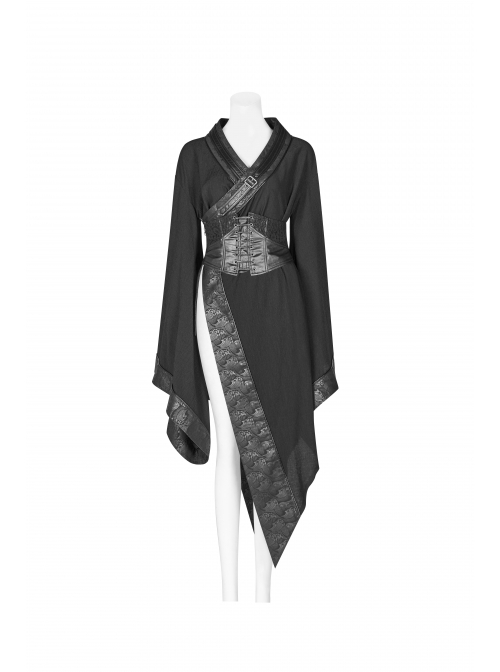 Punk Style V Neck Wave Print Lace Splicing Waist Seal Metal Adjustment Buckle Retro Black Furisode Kimono Dress