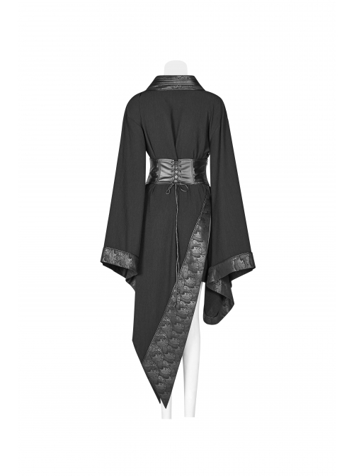 Punk Style V Neck Wave Print Lace Splicing Waist Seal Metal Adjustment Buckle Retro Black Furisode Kimono Dress